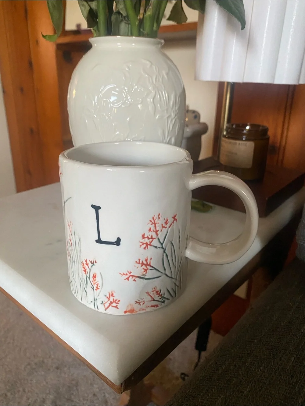 Anthropologie Cream Ceramic Monogram 'L' Mug with Coral Floral Accents